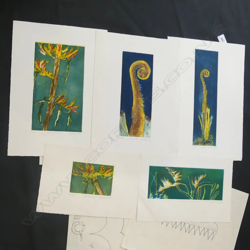 5 SUE COOKE PRINTS; 'FLAX FLOWERS I' & 'II', 'GROWTH I' & 'II', 'HURUHURU WHENUA' 100x245mm ALL SIGNED, NUM & DATED 1992 Image 1++