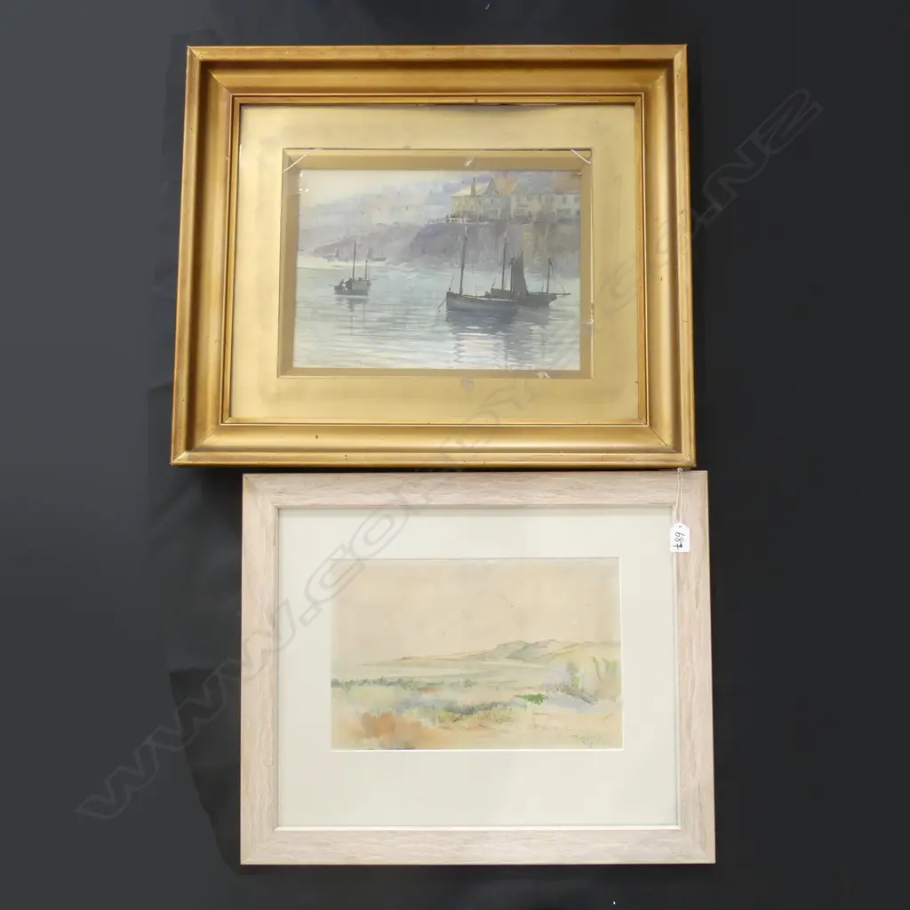 2 WATERCOLOURS IN FRAMES; TARANAKI 1891 & EARLY MORNING NEWLYN HARBOUR (350 X 260MM) SING R H SMITH  (FRAME A/F) Image 1++