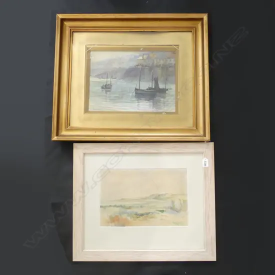 2 WATERCOLOURS IN FRAMES; TARANAKI 1891 & EARLY MORNING NEWLYN HARBOUR (350 X 260MM) SING R H SMITH  (FRAME A/F)