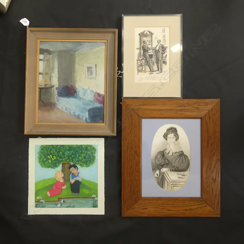 4 ARTWORKS; ERIKA DELAMAR LOVERS 230x230mm, PRINT 'ON SAFER GROUND', THOMAS COOMBER 'INTERIOR' OIL, ANTIQUE PORTRAIT Image 1++