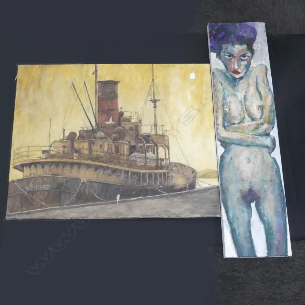 2 OIL ON CANVAS - NUDE LADY & SHIP - BOTH UNSIGNED LARGEST 1000 X 800MM Image 1++