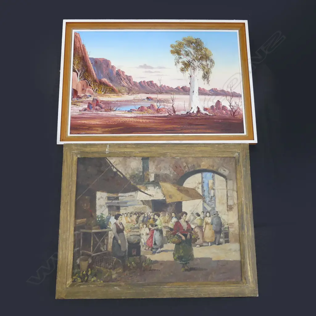 2 FRAMED OILS ON BOARD; 1 AUSTRALIAN BUSH SCENE & 1 VINTAGE MARKET SCENE - BOTH SIGNED LARGEST 1000 X 710MM Image 1++
