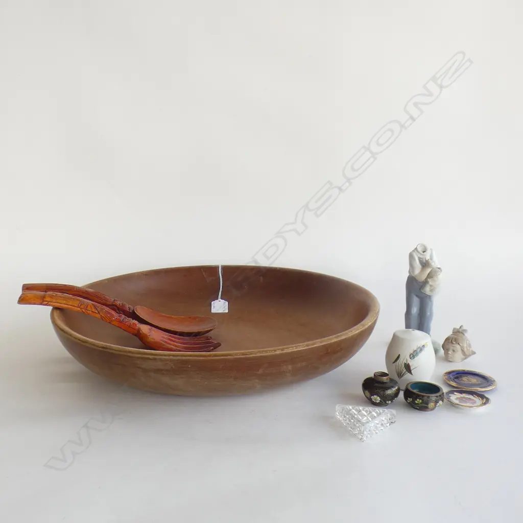 LARGE WOODEN BOWL 425mm dia + PR SERVING SPOONS + ASST. CHINA, NAO FIGURINE AF Image 1++