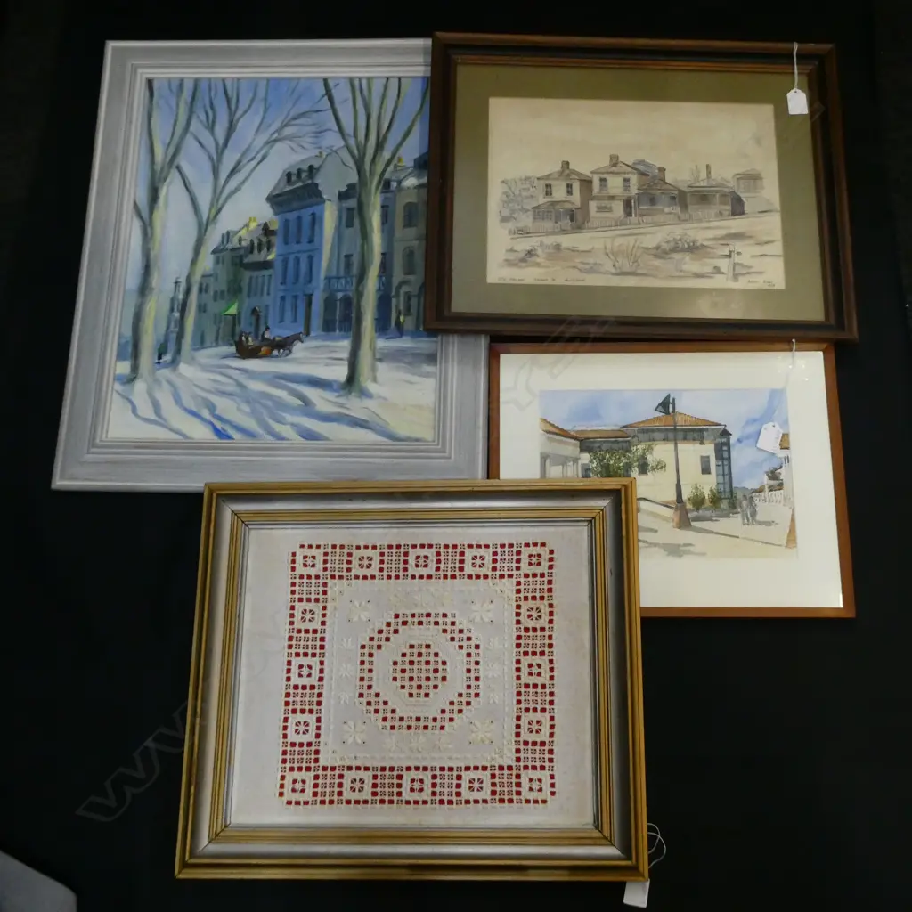 FRAMED LACE/OIL OF WINTER SCENE/W/C OF HOUSES/ PEN & INK OF PONSONBY HOUSES Image 1++