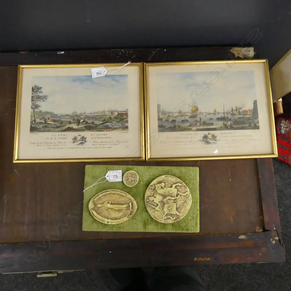 2 VINTAGE FRENCH PORT PRINTS (225 X 180MM) + VELVET BACKED BOARD WITH 3 FRENCH REPLICA MEDALS INCL LOUIS XIV  Image 1++