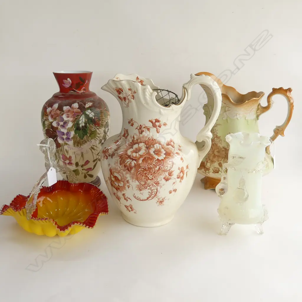 3 PCES VICTORIAN GLASS; YELLOW FRILLED BASKET + 2 VASES 205 / 305mm + 2 LARGE JUGS Image 1++