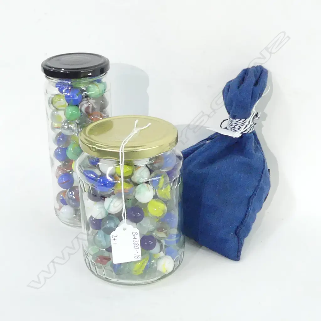 OLD MARBLES;2 JARS & CLOTH BAG  Image 1++