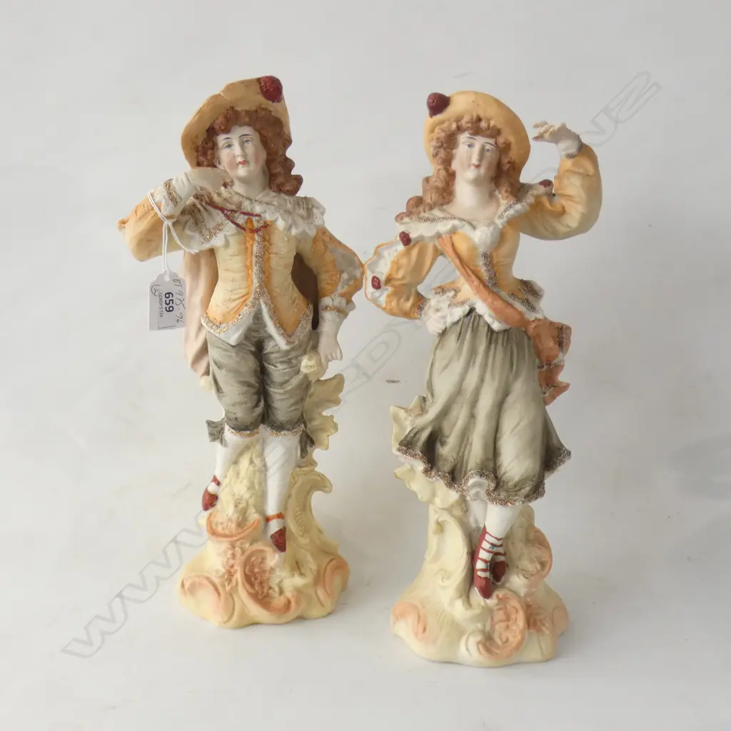 PAIR VICTORIAN COSTUMED BISQUE FIGURINES - MALE & FEMALE H310MM Image 1++