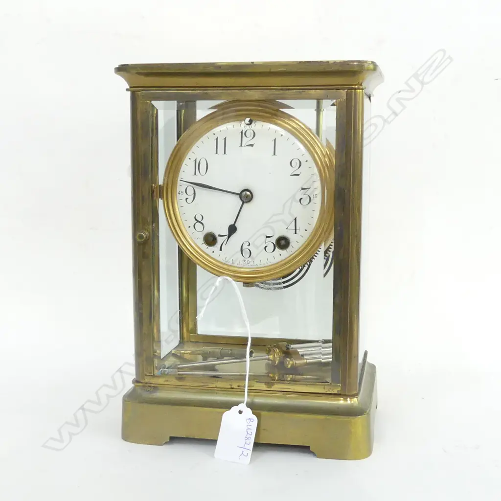 AMERICAN 19th 4 GLASS MANTLE CLOCK w. SUSPENDED FAUX MURCURY FILLED PENDULUM H.250mm Image 1++