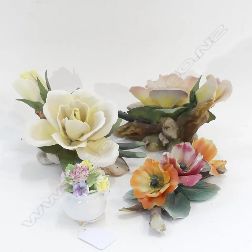 3 CAPODIMONTE PORCELAIN FLOWERS (LARGEST L 165MM) SOME A/F + ADDERLEY PORCELAIN FLOWERS (A/F) Image 1++