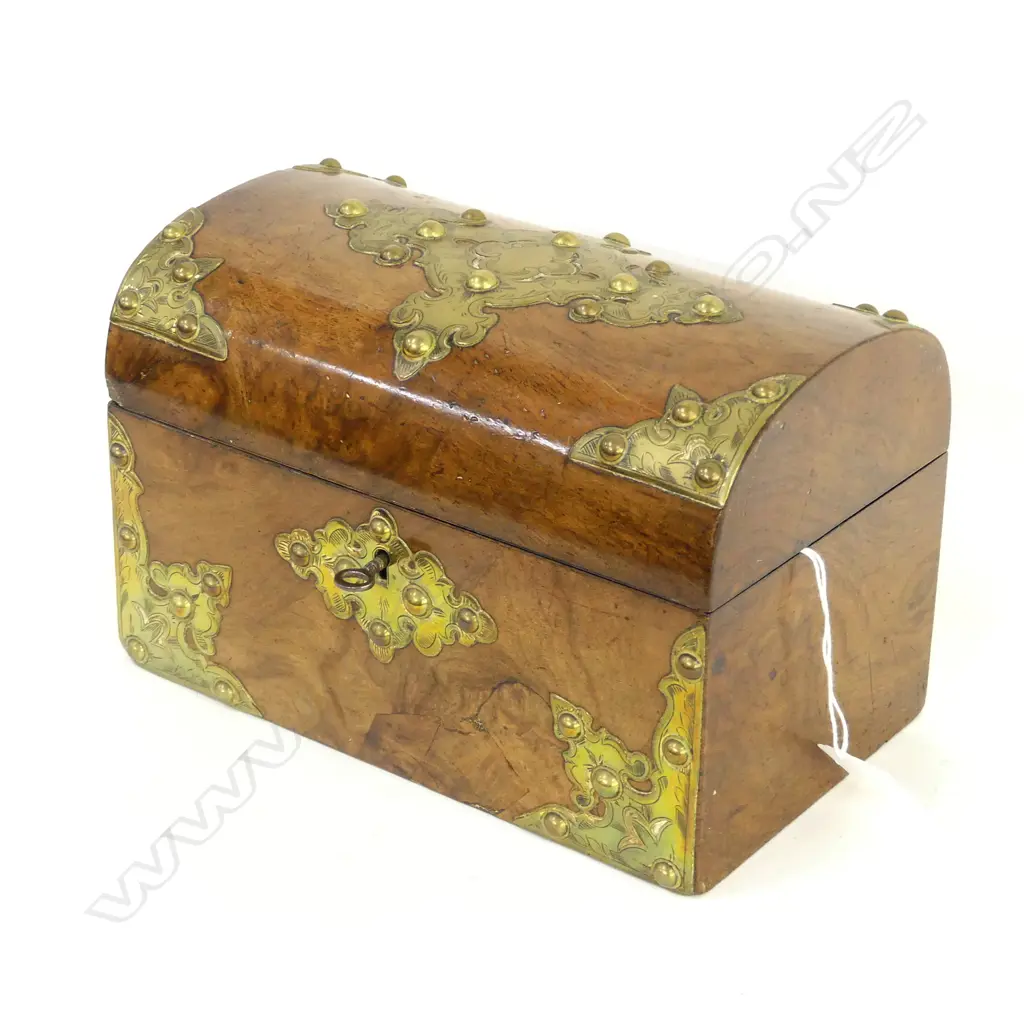 VINTAGE WALNUT 2 SECTION TEA CADDY - BRASS CORNERS & LOCK - WITH KEY - L  210MM Image 1++