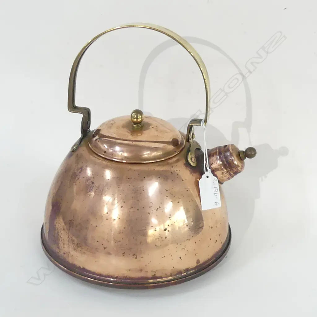 OLD COPPER WHISTLING KETTLE - BRASS SWING HANDLE DIA 205MM Image 1++