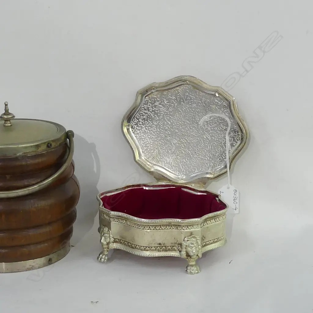 OLD SILVER PLATE JEWELLERY BOX (L160MM) + OLD WOODEN EP RIMMED ICE BUCKET Image 1++