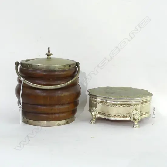 OLD SILVER PLATE JEWELLERY BOX (L160MM) + OLD WOODEN EP RIMMED ICE BUCKET