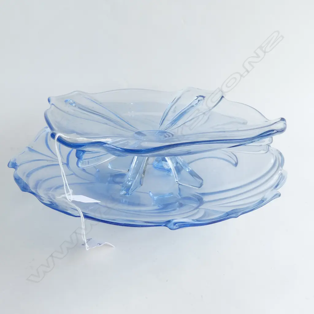 2 LARGE ART DECO BLUE DEPRESSION GLASS DISHES; 1 FOOTED PLATE (SQ 240MM) & 1 SHALLOW BOWL (DIA 315MM) Image 1++