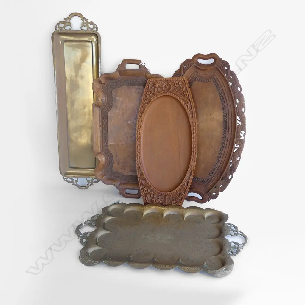 5 INDIAN TRAYS; 2 BRASS + 3 CARVED WOODEN Image 1++