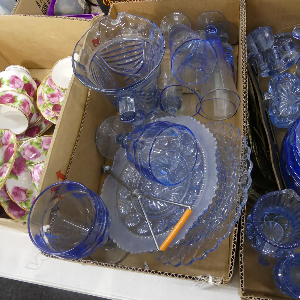 BOX LOT ASST BLUE GLASS INCL DEPRESSION GLASS; LG GOBLETS, JUG, PLATES ETC.. Image 1++