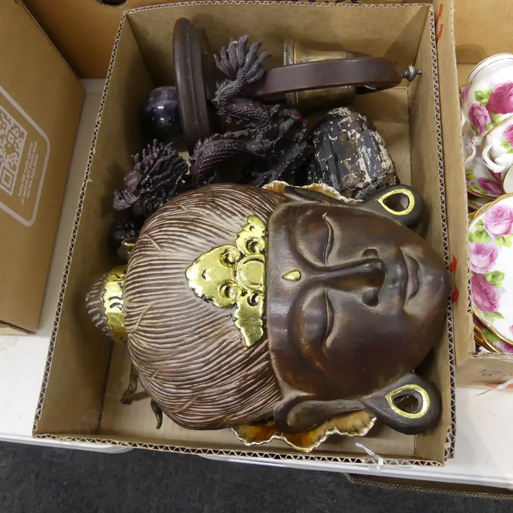 BOX MISC INCL DRAGON, ORIENTAL WALL MASK, BELL,, ETC.. Image 1++