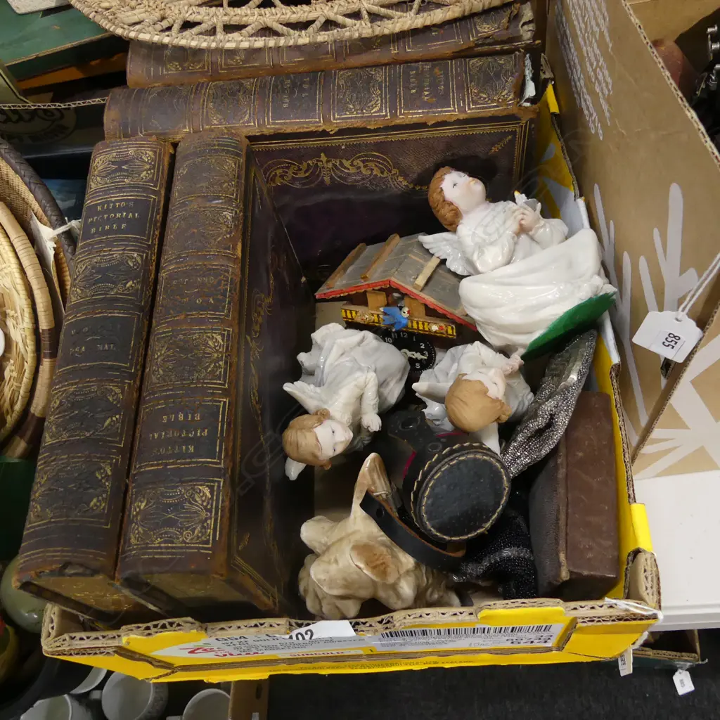 BOX LOT 4 ANTIQUE BIBLES, ANGELS, BEADED BAGS ETC **RTV** Image 1++