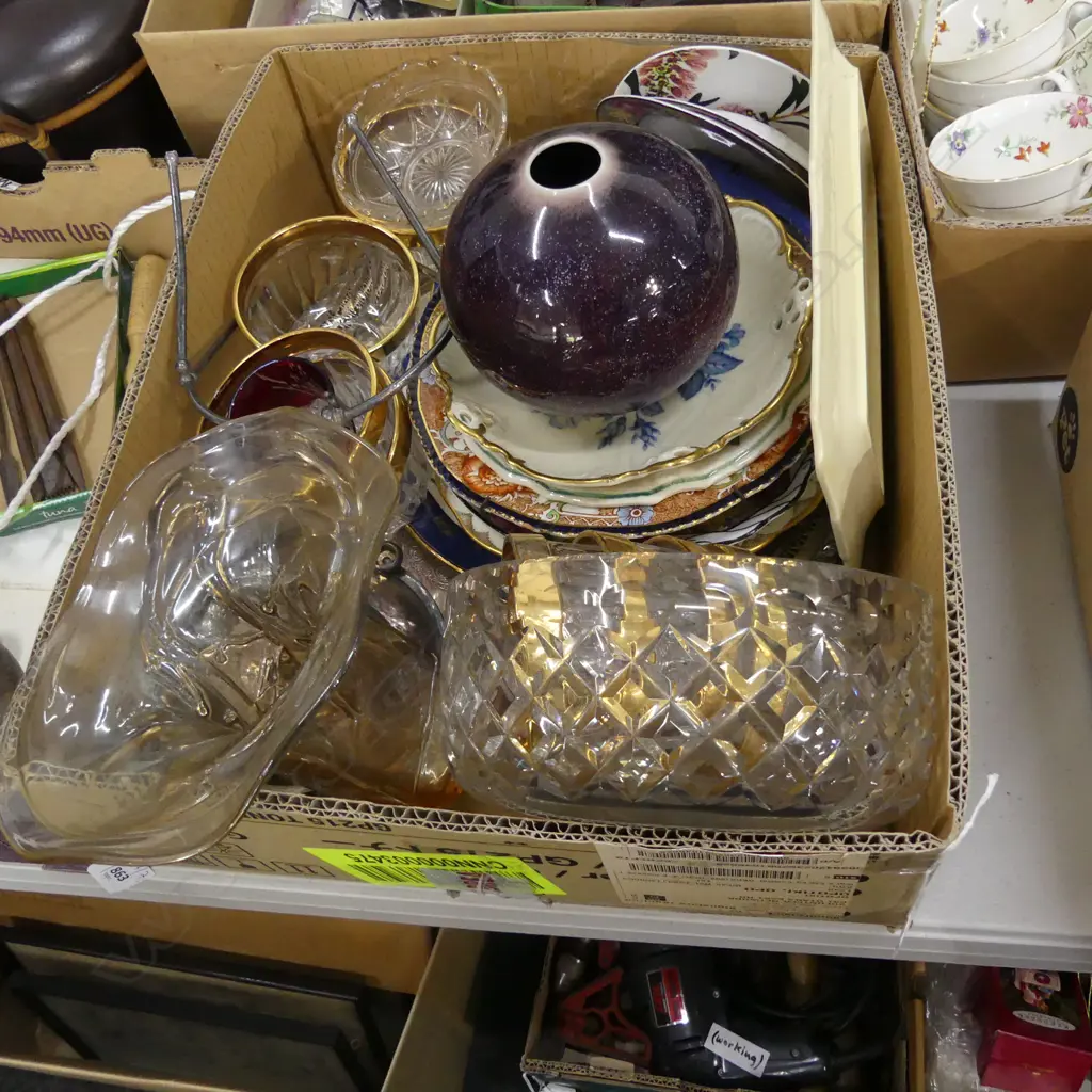 BOX LOT ASST. PRESSED GLASS, CRYSTAL ETC Image 1++