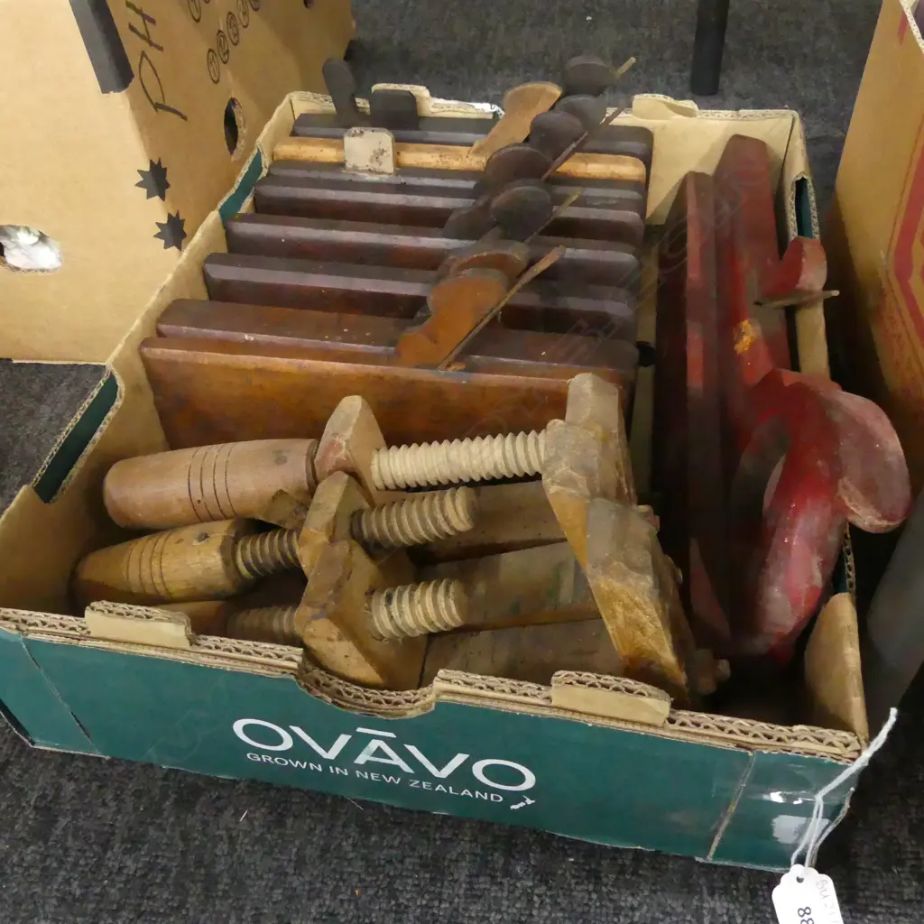 BOX LOT ASST. MOULDING PLANES & WOODEN CLAMPS (SOME w. BORER) Image 1++