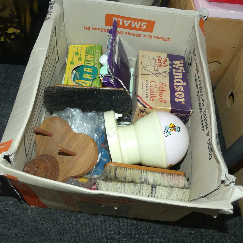 BOX LOT ASST. VINTAGE TOYS; CHALK, LAMP, BRUSHES ETC Image 1++