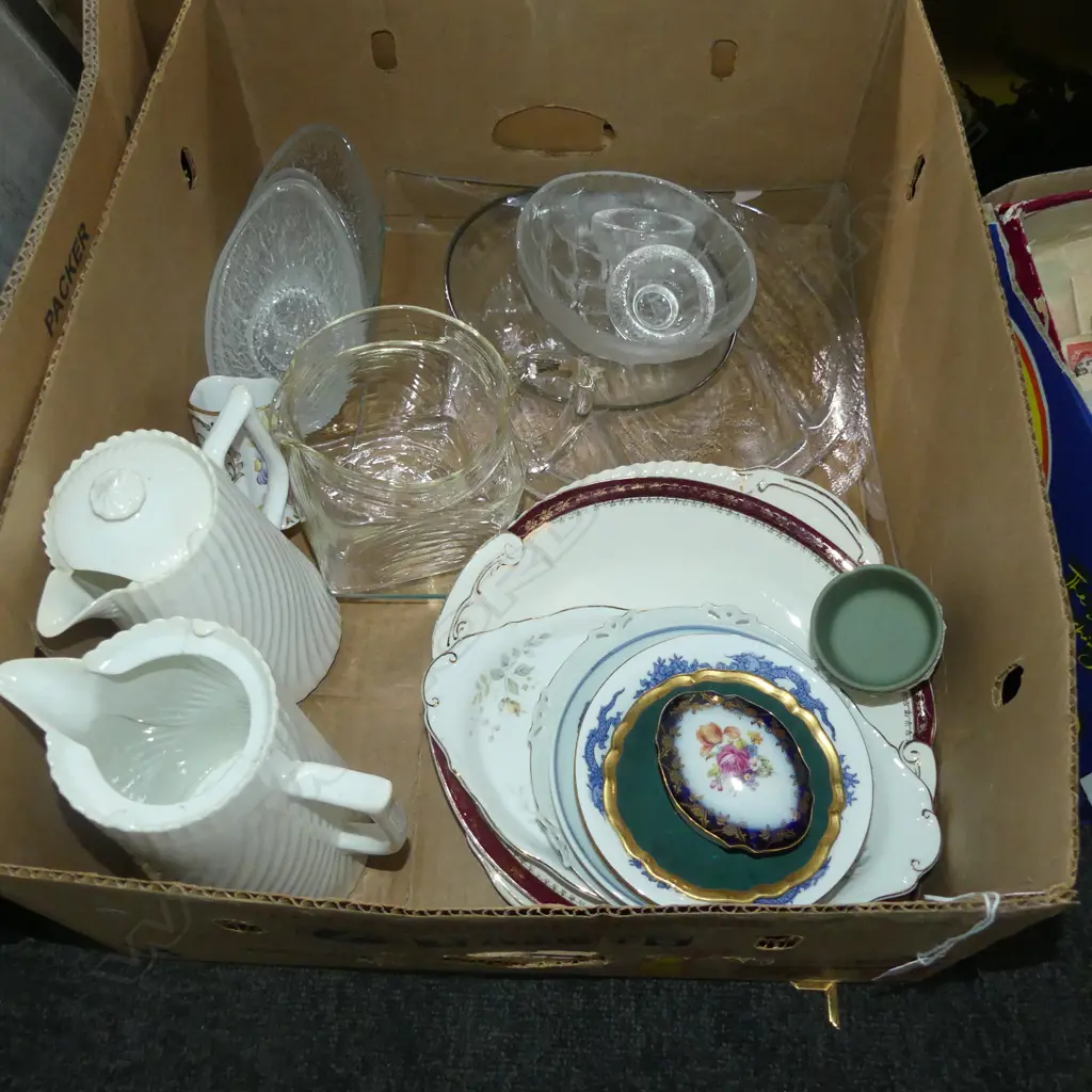 BOX ASST PORCELAIN & GLASS INCL PLATES, JUGS ETC..  Image 1++