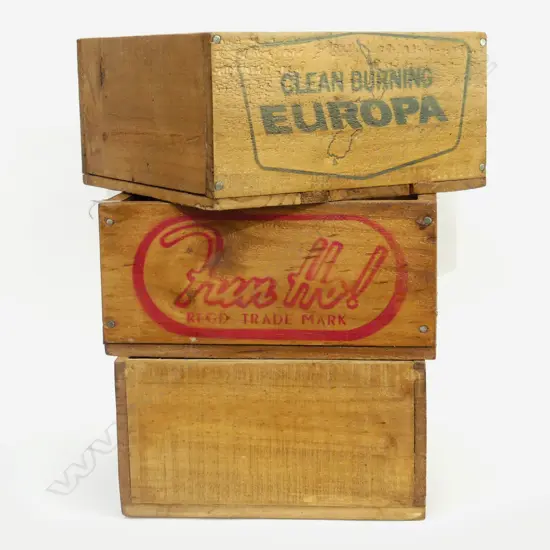 3 WOODEN BOXES; STENCILED FUN HO & 2 EUROPA