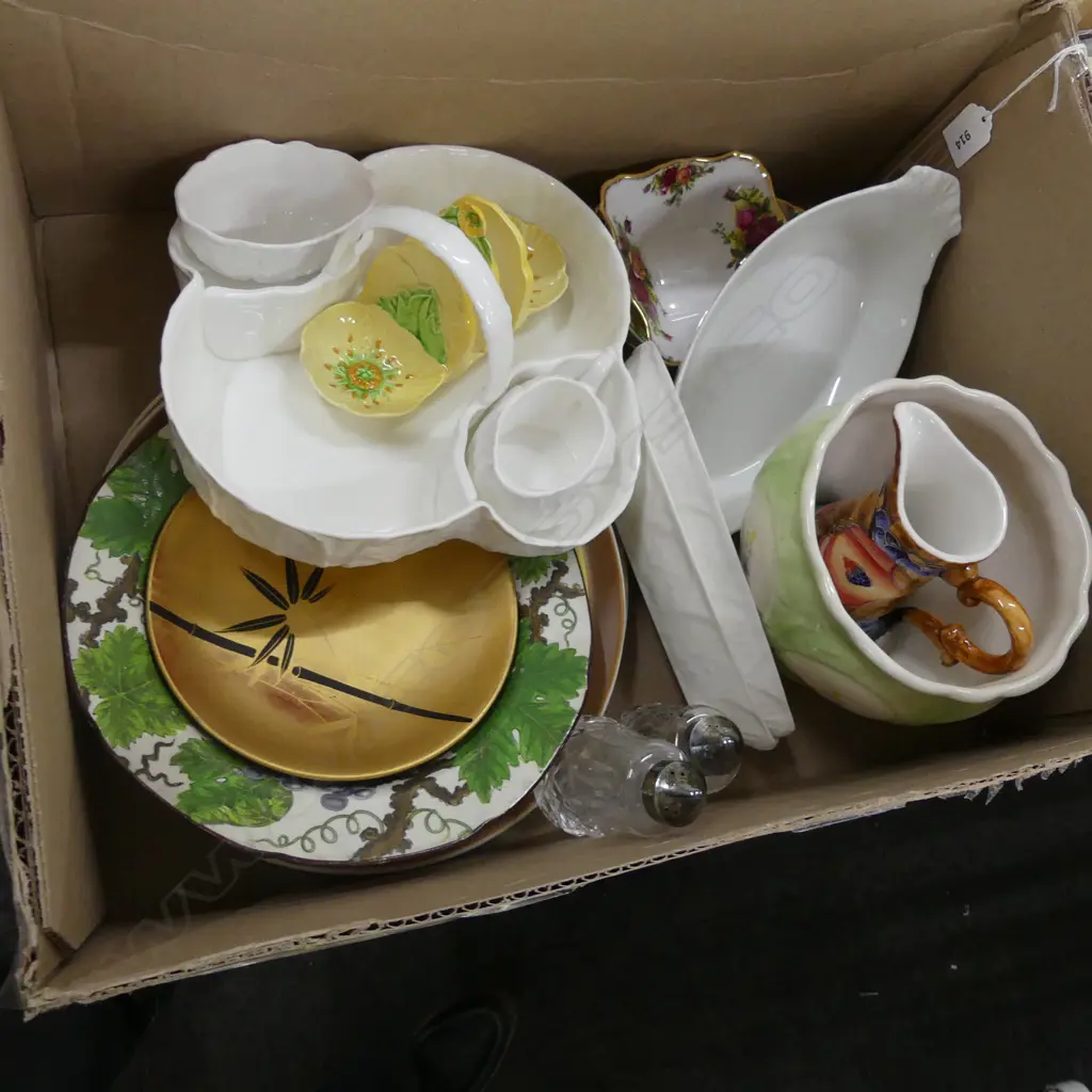 BOX ASST CHINA INCL WEDGWOOD SERVING DISH WITH SUGAR & CREAMER, ROYAL ALBER OER ETC.. Image 1++