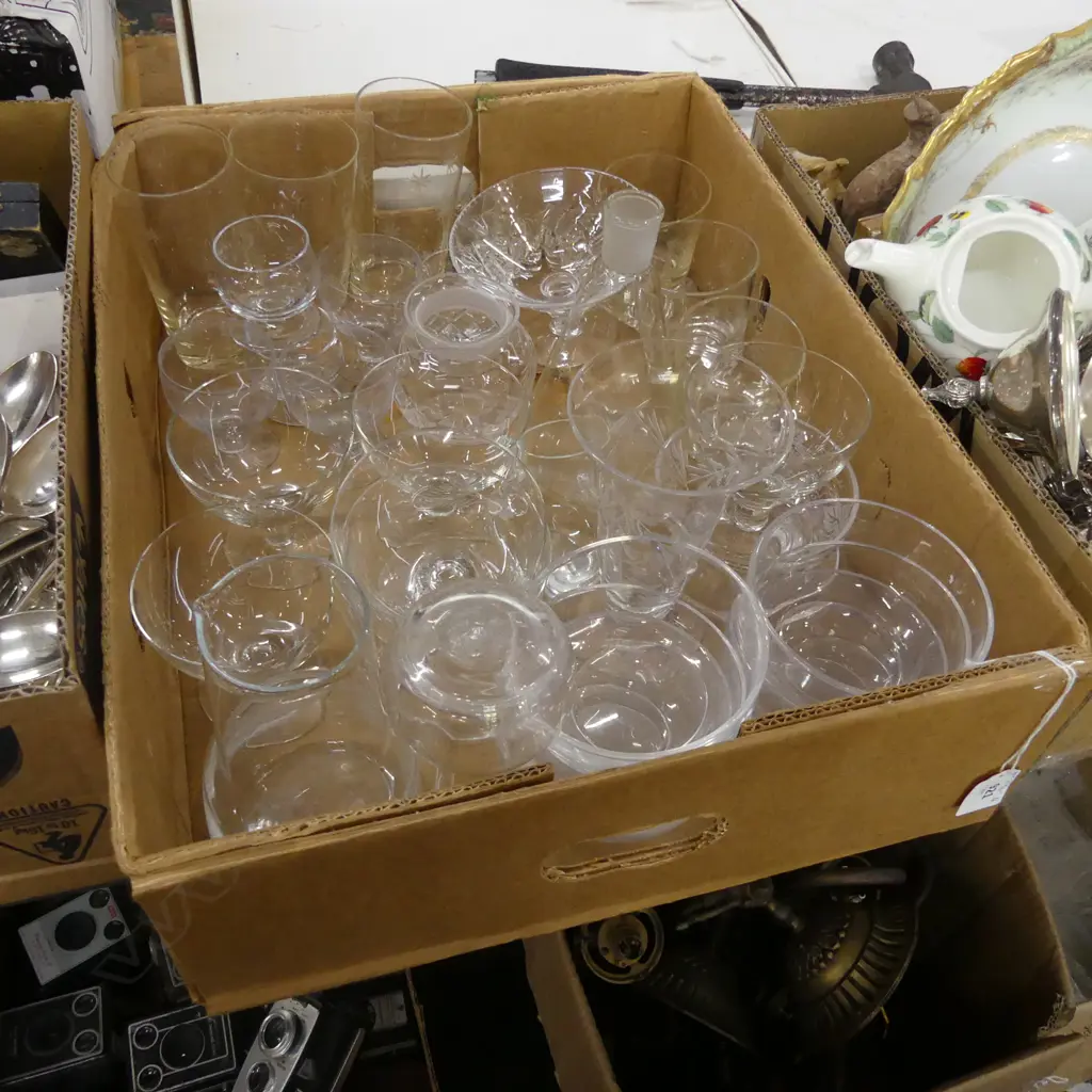 BOX LOT ASST CRYSTAL & GLASS; VASES, SM DISHES & GLASSES  Image 1++