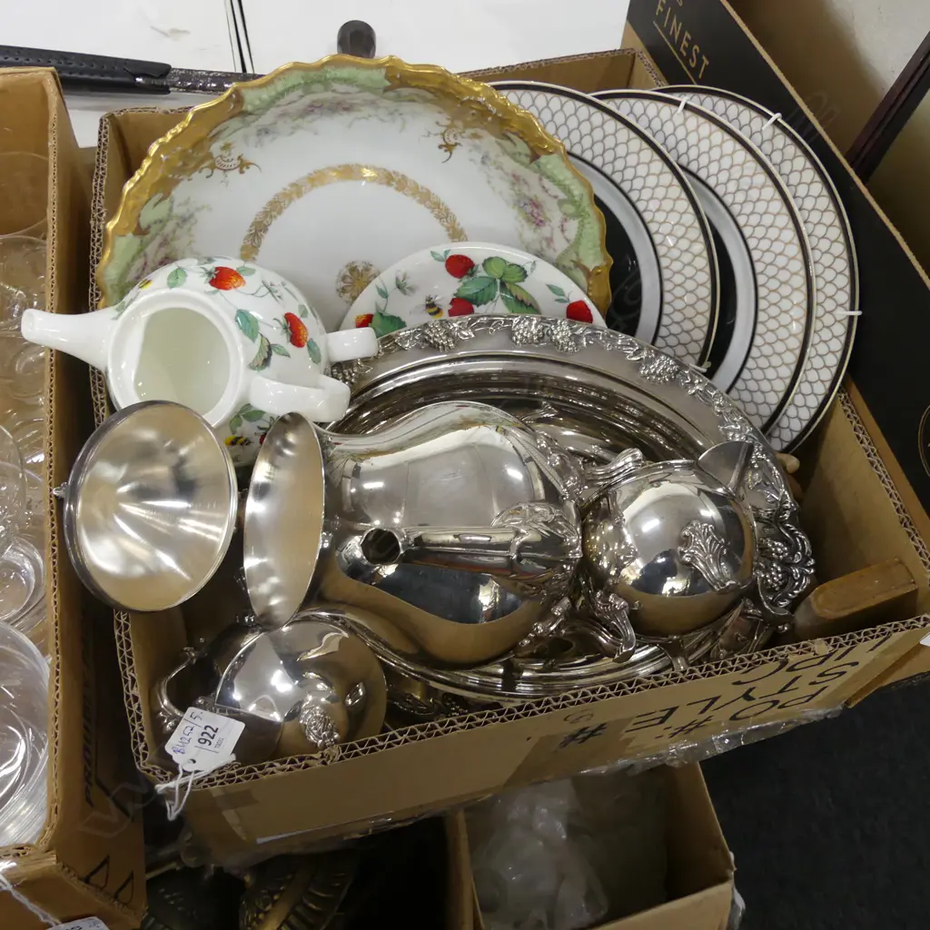 BOX LOT PLATES, LIMOGES BOWL, EP, BOOKENDS ETC Image 1++