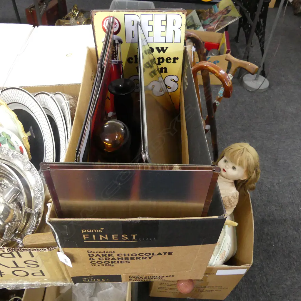 BOX LOT TIN BEER POSTERS, SKULL BOTTLES ETC Image 1++