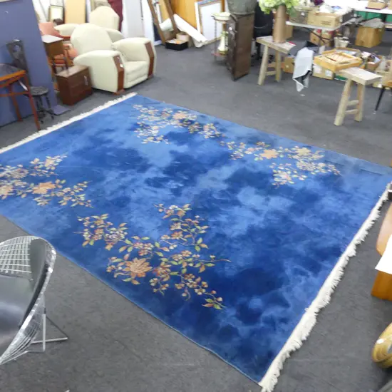 LARGE VINTAGE BLUE WOOL PILE RUG 3600x2700mm