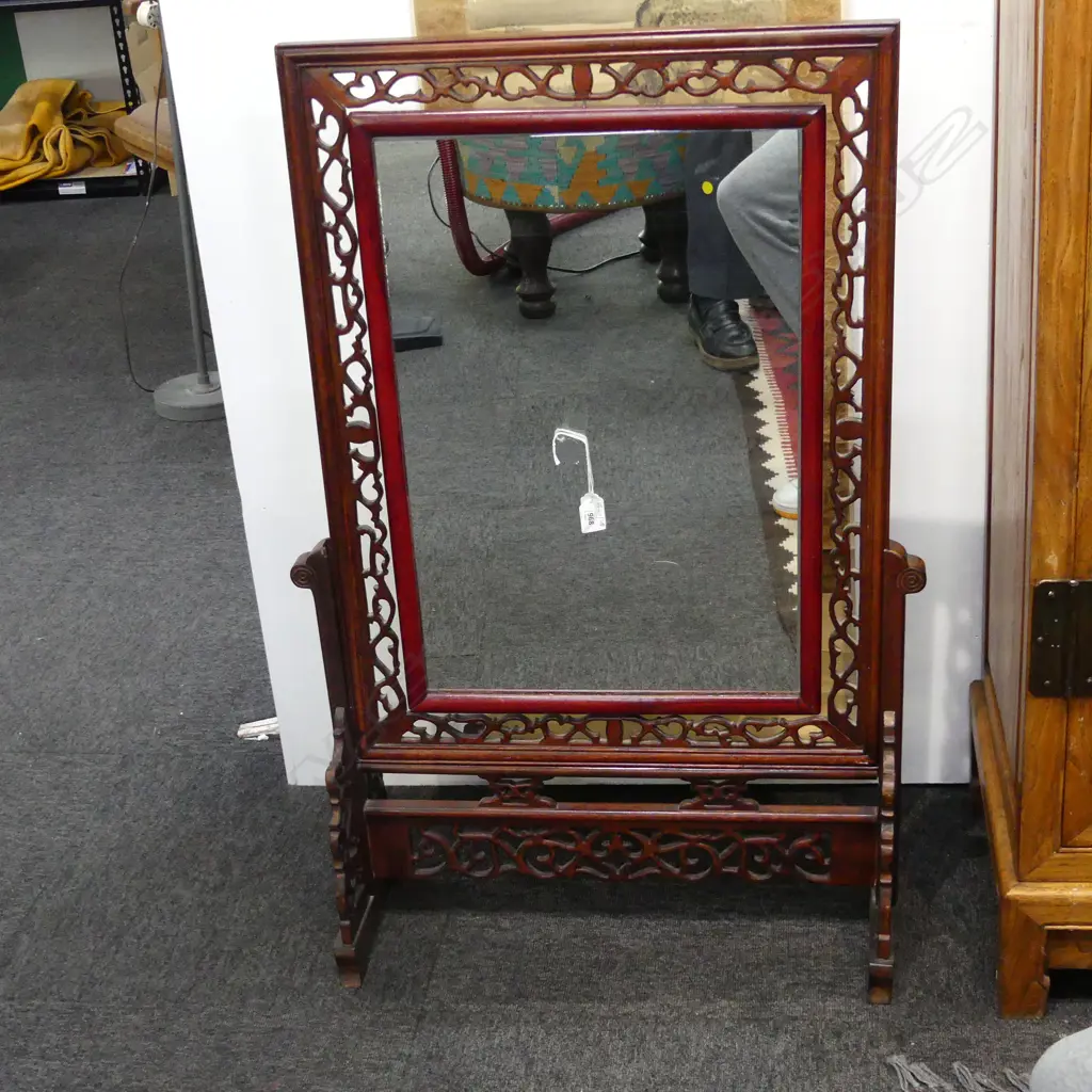 LARGE ORIENTAL CARVED WOODEN SCREEN w. ROTATING MIRROR H.985mm Image 1++