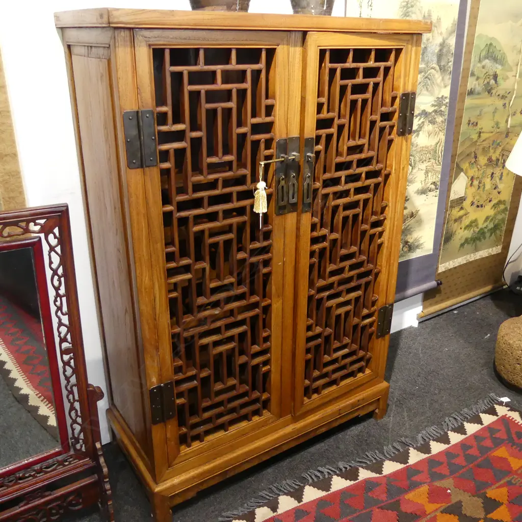 LARGE ORIENTAL WINE CABINET ON STAND; 2 DOORS w. GEOMETRIC DESIGN 930x420x1390mm Image 1++