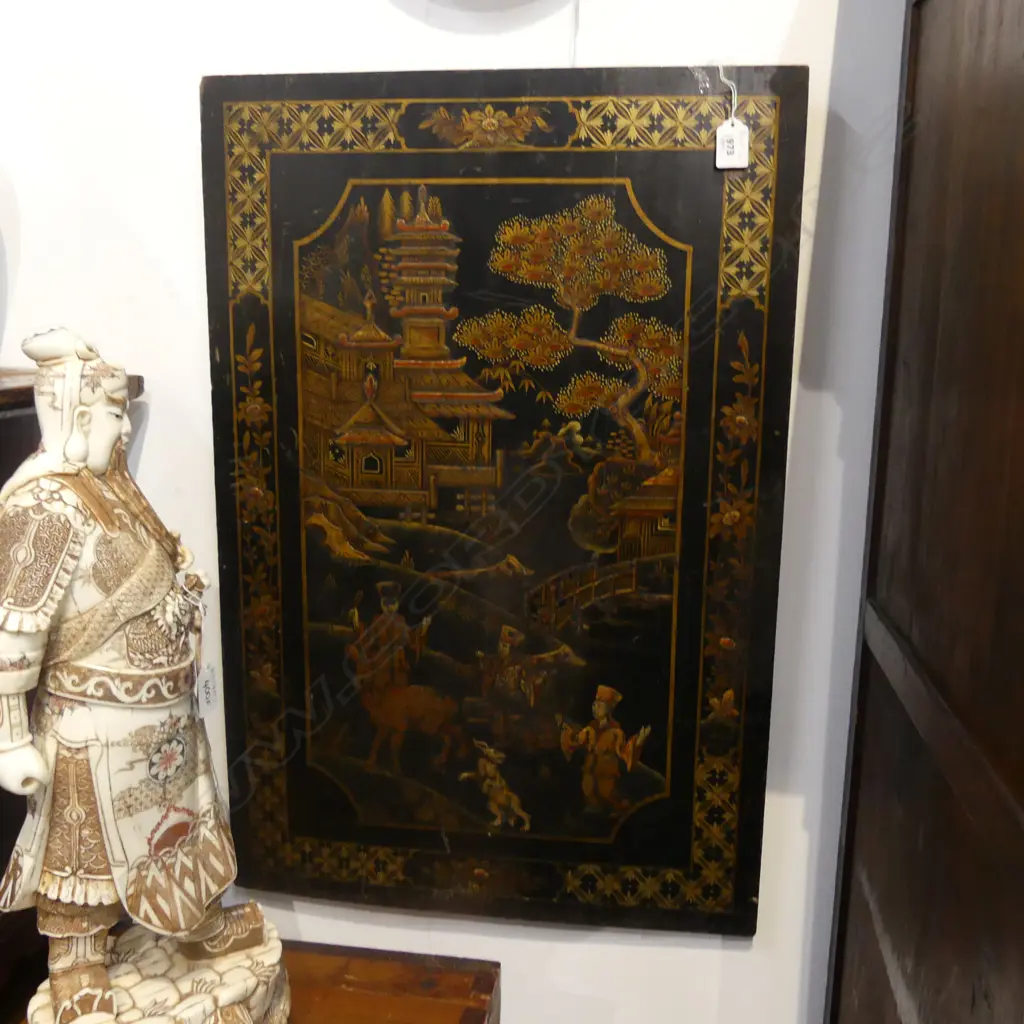 CHINOISERIE LACQUER PANEL DECORATED W TEMPLES & FIGURES  730 X 490mm Image 1++