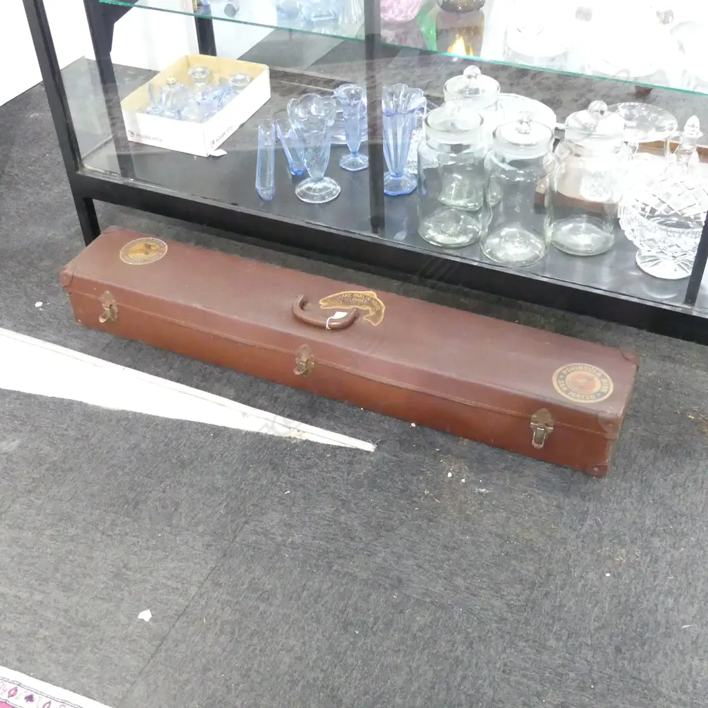 OLD RECTANGULAR INSTRUMENT CASE WITH AMERICAN TRAVEL DECALS. L.1160mm Image 1++