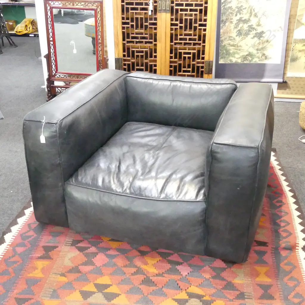LARGE MODERNIST BLACK LEATHER ARMCHAIR Image 1++