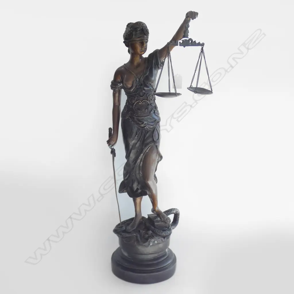 BRONZED METAL GODDESS OF JUSTICE HOLDING SCALES H.760mm Image 1++