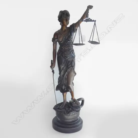 BRONZED METAL GODDESS OF JUSTICE HOLDING SCALES H.760mm