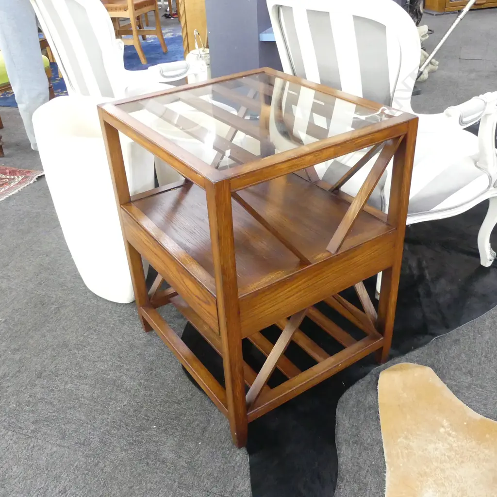 WOODEN SIDE TABLE w. CONCEALED DRAWER & GLASS TOP 550x500x705mm Image 1++