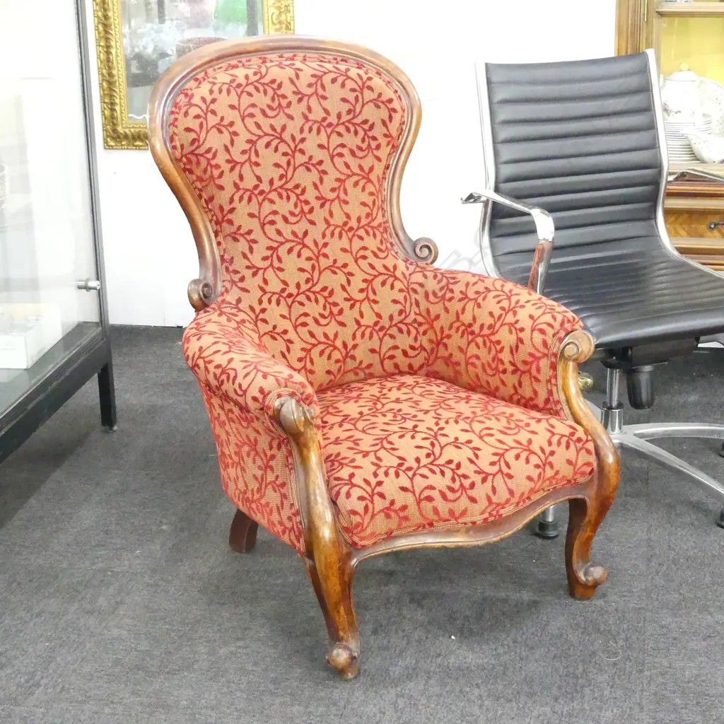 VICTORIAN GRANDFATHER CHAIR IN RED VELVET UPHOLSTERY Image 1++