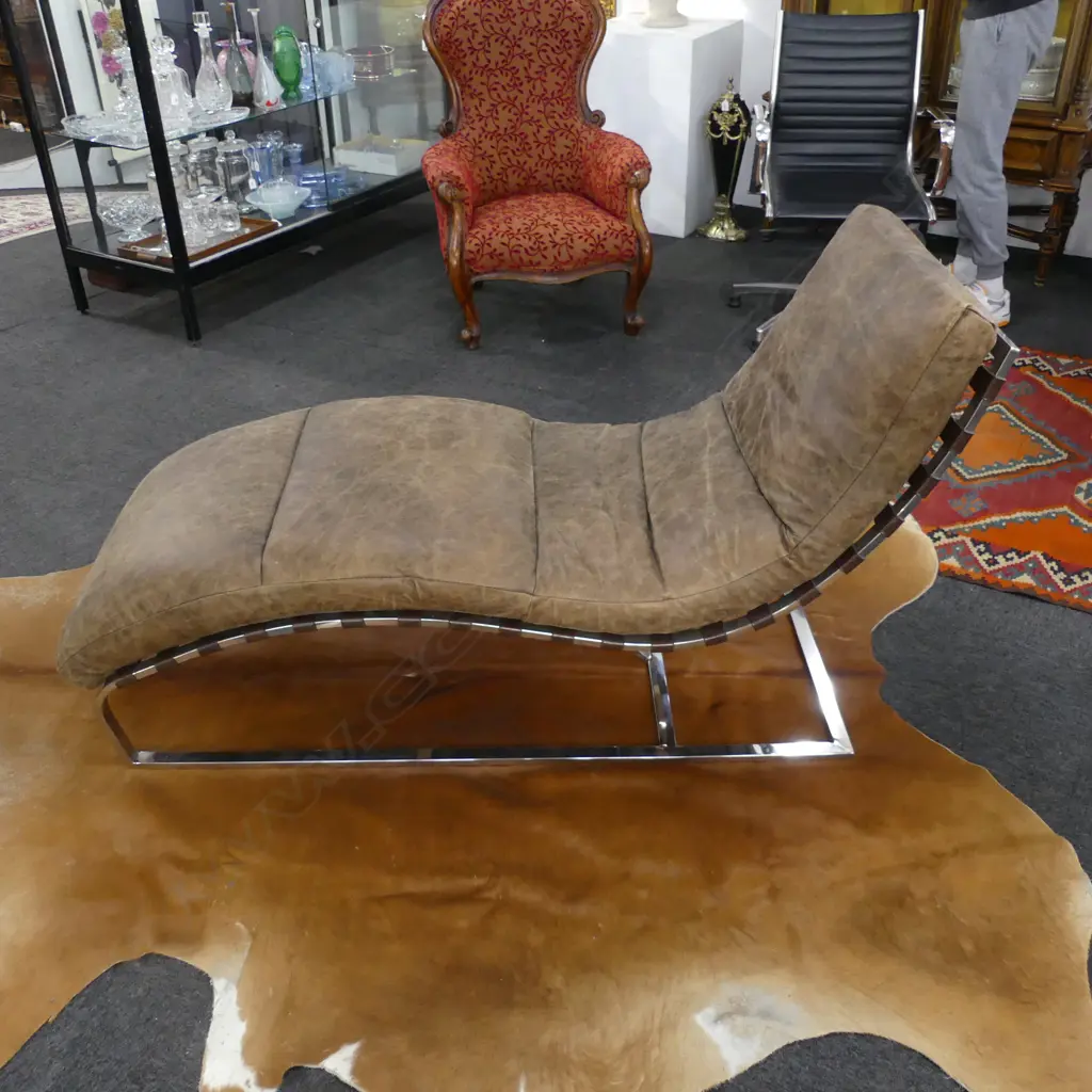 QUALITY BROWN LEATHER & CHROME CHAISE 1500x600x830mm Image 1++