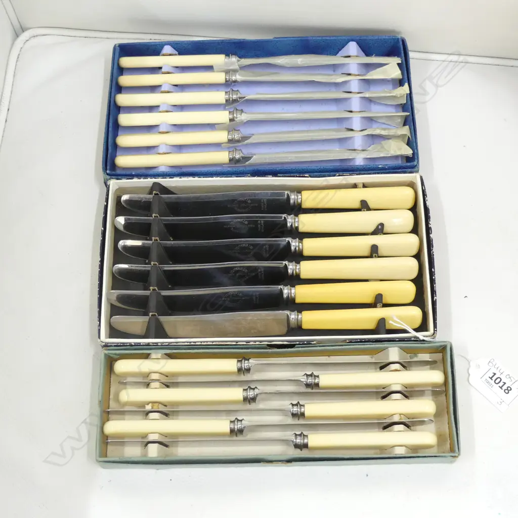 3 SETS OF 6 IVORINE 'BONE' HANDLED KNIVES, BOXED Image 1++