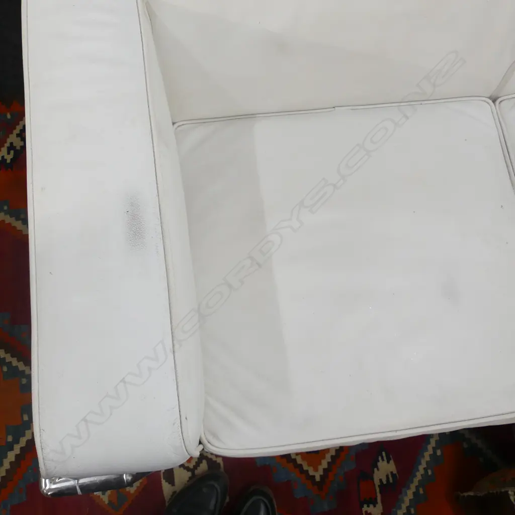 2 PCE CORBUSIER STYLE WHITE VINYL SOFA 2100x1250x670 SOME WEAR Image 1++