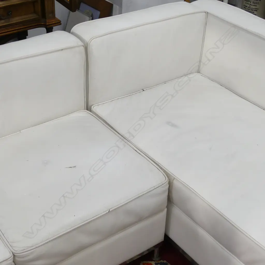 2 PCE CORBUSIER STYLE WHITE VINYL SOFA 2100x1250x670 SOME WEAR Image 1++