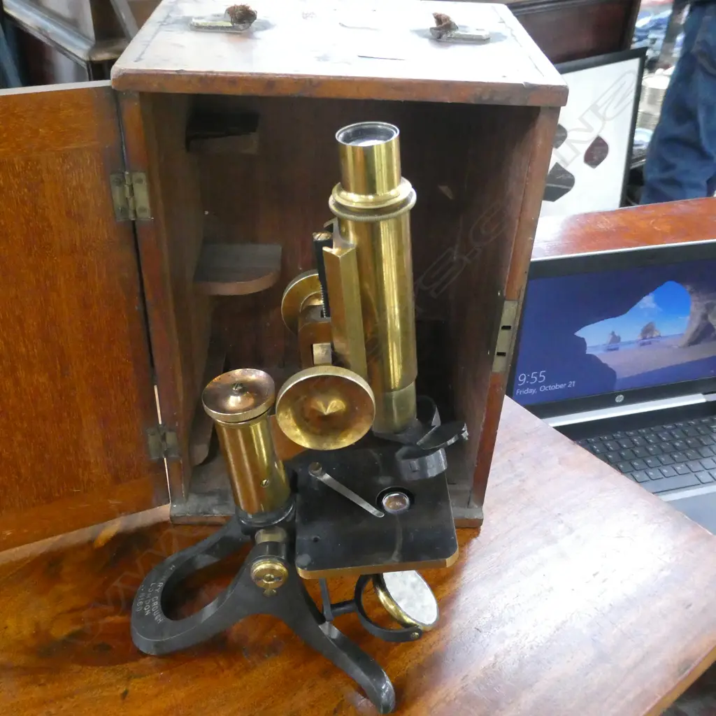 ANTIQUE BRASS MICROSCOPE; HENRY CROUCH LONDON, CASED Image 1++