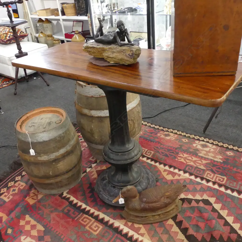 VICTORIAN PUB TABLE w. MAHOGANY TOP & BLACK PAINTED CAST IRON PEDESTAL BASE 1070x430x760mm Image 1++