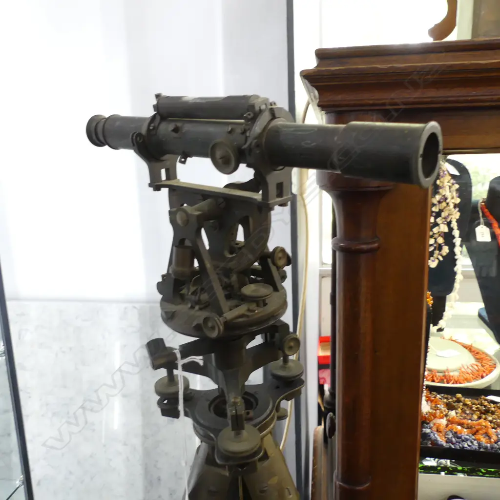 ANTIQUE SURVEYORS THEODOLITE ON WOODEN TRIPOD H.1630mm Image 1++