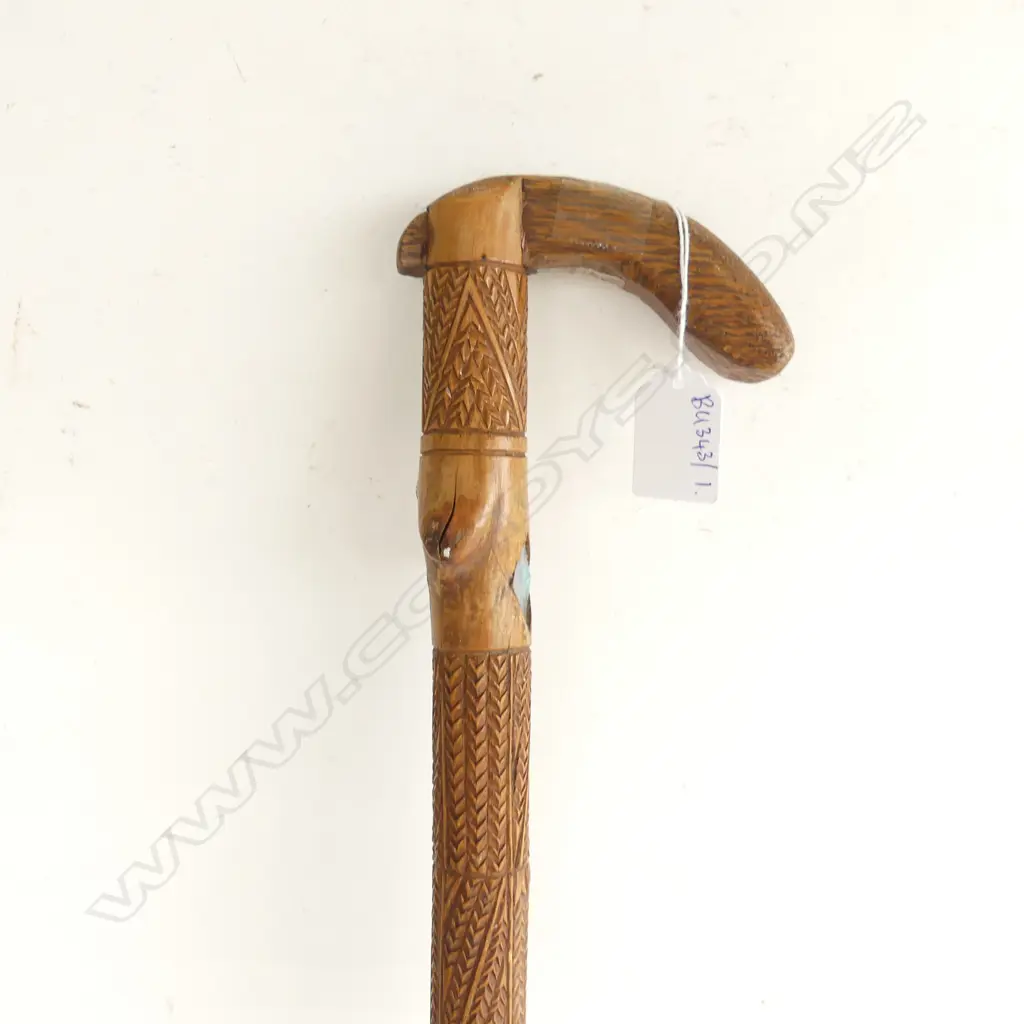 CARVED WOODEN WALKING STICK w. PAUA INSETS L.950mm Image 1++
